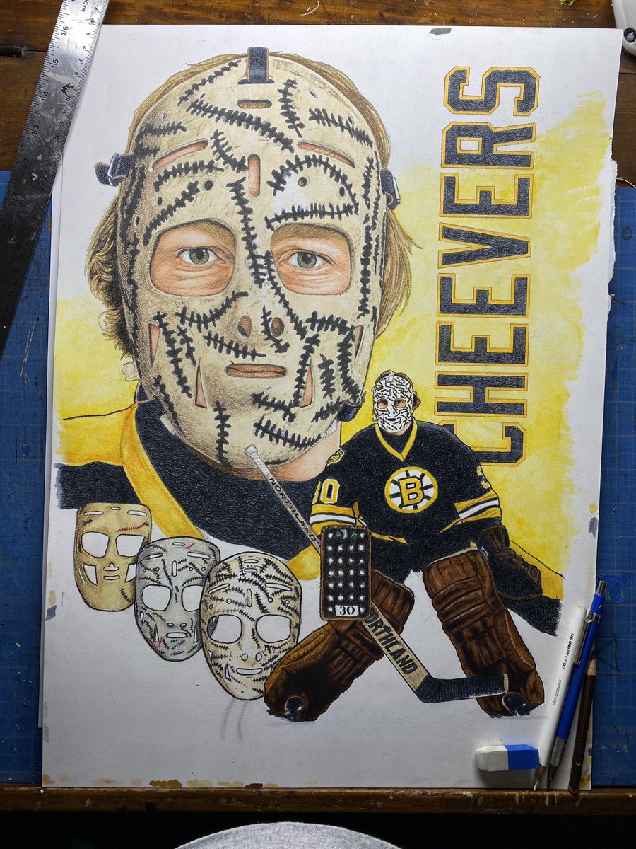 Finishing up a #NHLBruins Gerry Cheevers drawing, it’s been a while since I’ve drawn anything traditional so it was good to get back to the drawing table might do a current player next. #vintagehockey  #hhof #nhlalumni