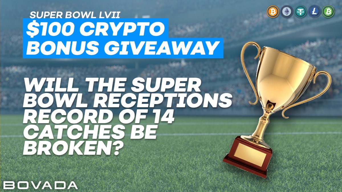 🏈$100 Crypto Bonus Giveaway🏈

To enter:

🔁 this tweet
+ Follow <a href="/Bovada_Casino/">Bovada Casino</a> 
+ Tell us if someone will break the SB record of 14 receptions, yes or no?

#SuperBowl props ➡️ bit.ly/SuperBowlBetOd…

Terms: bit.ly/B1vDCt