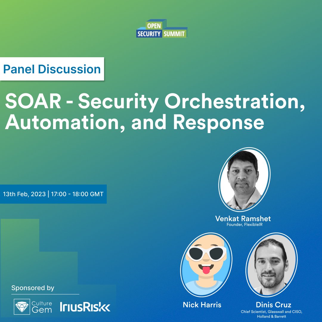 opensecsummit's tweet photo. Want to know more about SOAR?

Don't miss out on this panel discussion with @DinisCruz, @FlexibleIr and Nick Harris on the 14th of Feb. 2023, at 5:00 PM GMT.

Register FREE now: https://t.co/Fg0yky86sT

#OSS2023 #threatmodeling #vulnerabilitymanagement #securityautomation https://t.co/0zsxruip68