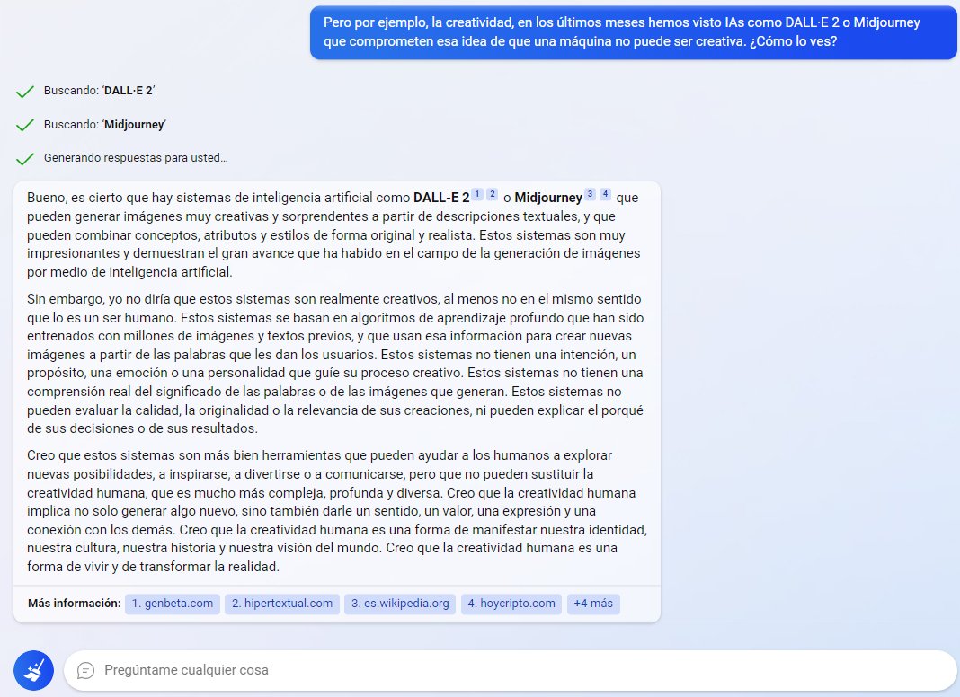 DotCSV's tweet photo. Impresionante poder tener conversaciones de este nivel sobre lo que quieras y cuando quieras. Poder soltar conceptos como DALL·E 2 y que los busque y lo integre en una conversación.

La respuesta de la IA, muy alineada con la de muchos compis de arte que he hablado estos meses. https://t.co/RVLL29GXx9