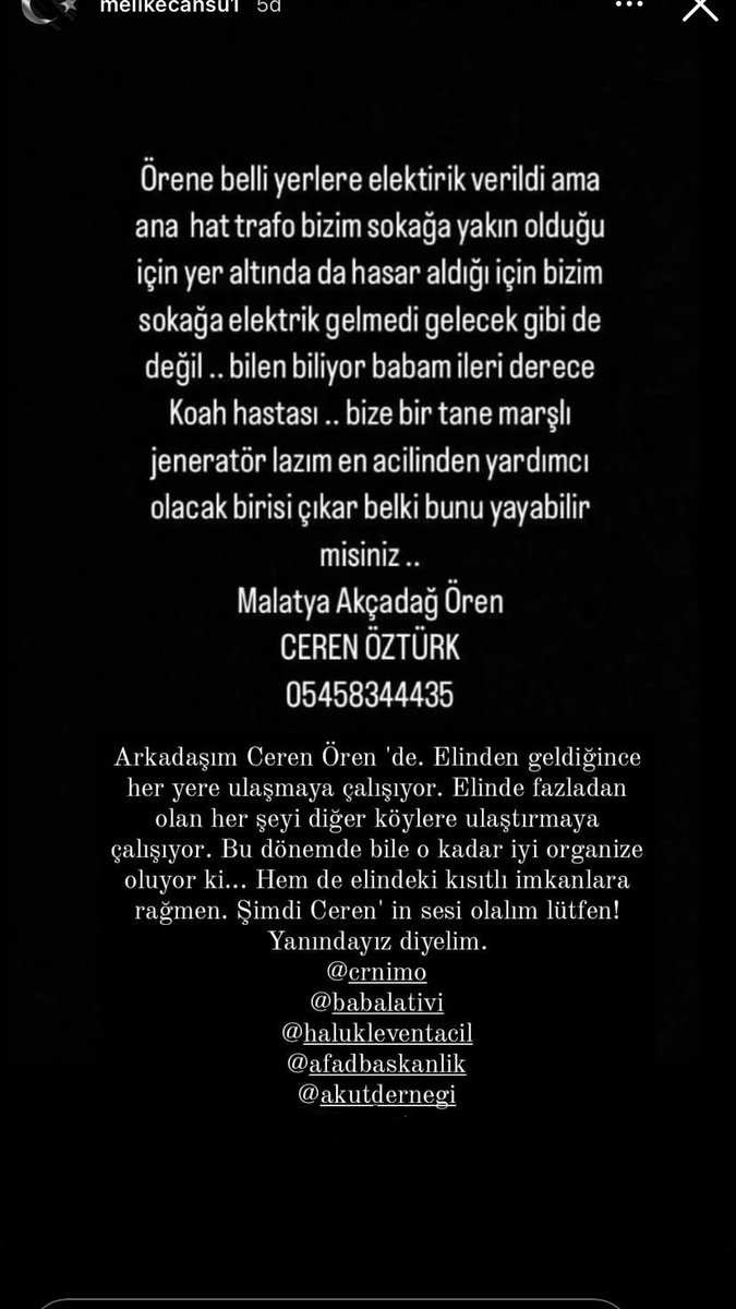 Malatya Akçadağ Örende Ceren Öztürk’ün Babası Koah Hastası jeneratöre ihtiyaç var <a href="/AFADBaskanlik/">AFAD</a> <a href="/haluklevent/">Haluk Levent ( Ahbap Ekibi )</a> @AKUT_Dernegi