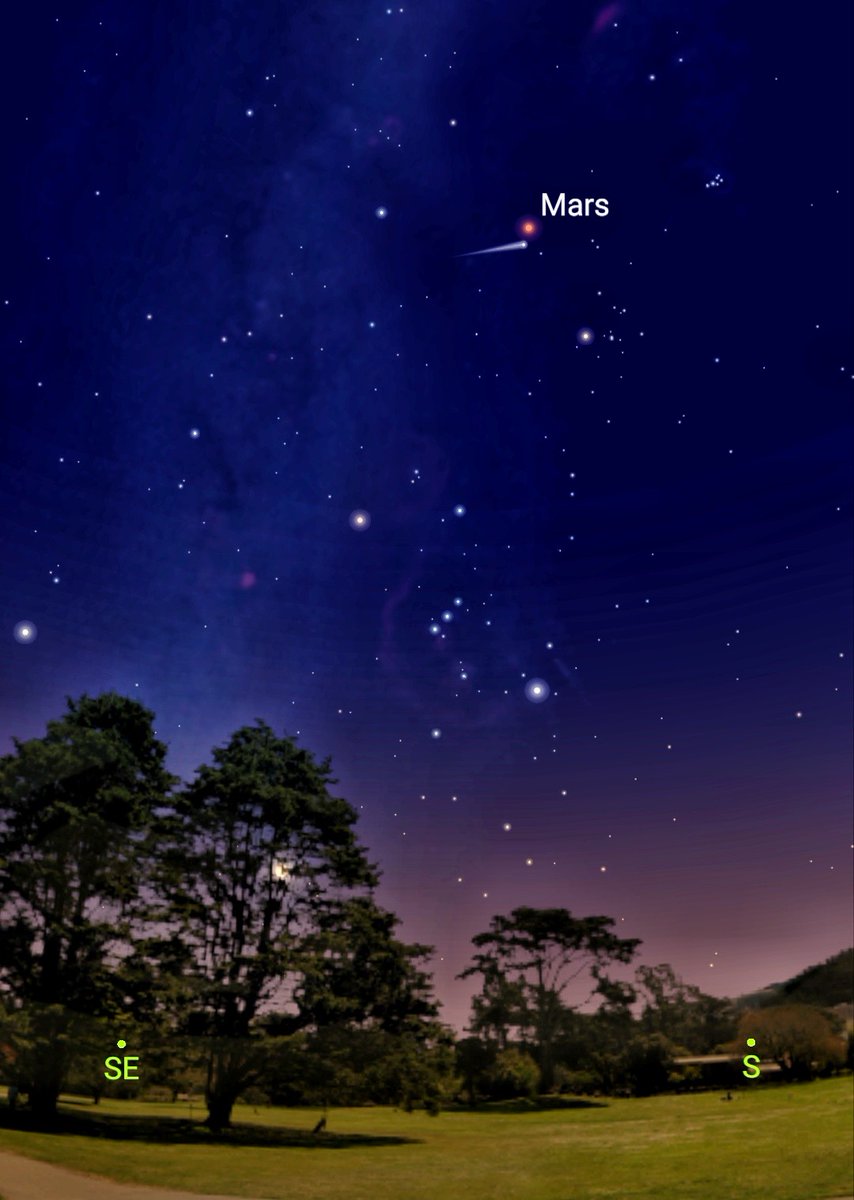 mars_stu's tweet image. If your sky is clear tonight* then Comet C/2022 E3 ZTF is close to Mars. 1) Find Orion in the south, 2) look for an orange 'star' above it - that's Mars. 3) Look beneath Mars with binocs/telescope &amp;amp; you'll see the comet as a tiny smudgy star...
*Not Cumbria then, obviously... :-(