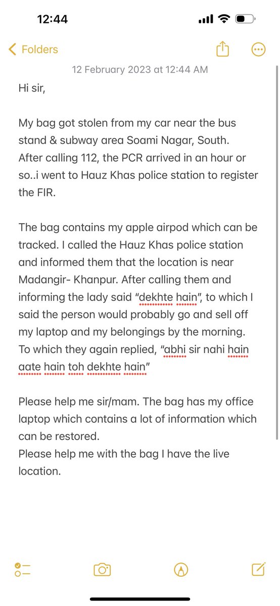 8070Khan's tweet photo. Hi sir/mam @DelhiPolice

My bag got stolen from my car near the bus stand &amp; subway area Soami Nagar, South. 
After calling 112, the PCR arrived in an hour or so..i went to Hauz Khas police station to register the FIR.

Please refer the screenshot attach and please help. https://t.co/ayRpLIE4mZ
