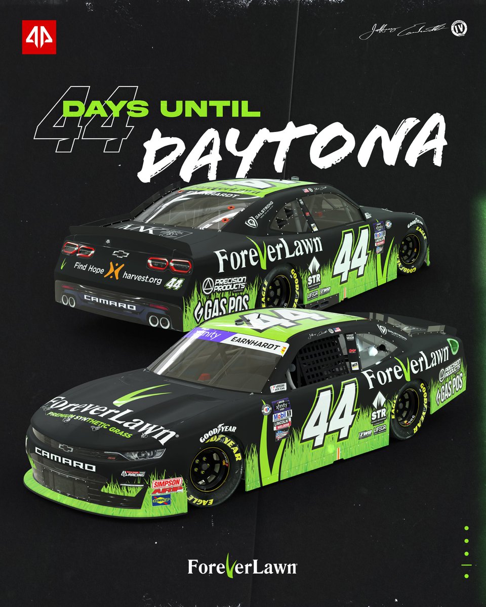 Then it was 44 days.  It’s only 7 days now!  I am so pumped to see ⁦@JEarnhardt1⁩ get behind the wheel of the ⁦@foreverlawninc⁩ #blackandgreengrassmachine I can’t stand myself!!!!  Drivers start your freaking engines!  #earningearnhardt