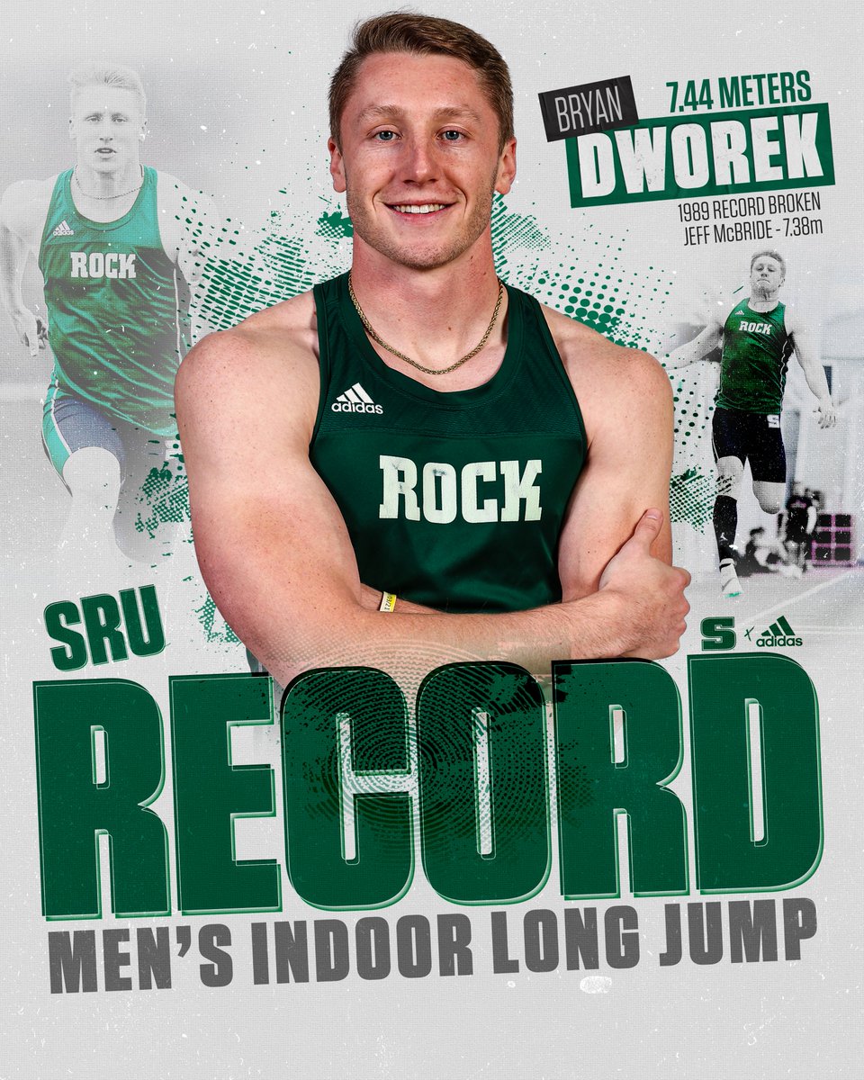 Rock_Athletics's tweet photo. MT&amp;F: 🚨 RECORD ALERT!🚨 Bryan Dworek wins the long jump at the SPIRE Indoor Games with an SRU record of 7.44m, breaking the 2nd oldest men's indoor track &amp; field record at The Rock. Jeff McBride's former mark of 7.38m had stood since 1989! 

Live Results: https://t.co/DyPEXRf9gv https://t.co/fWKJs0Nycz