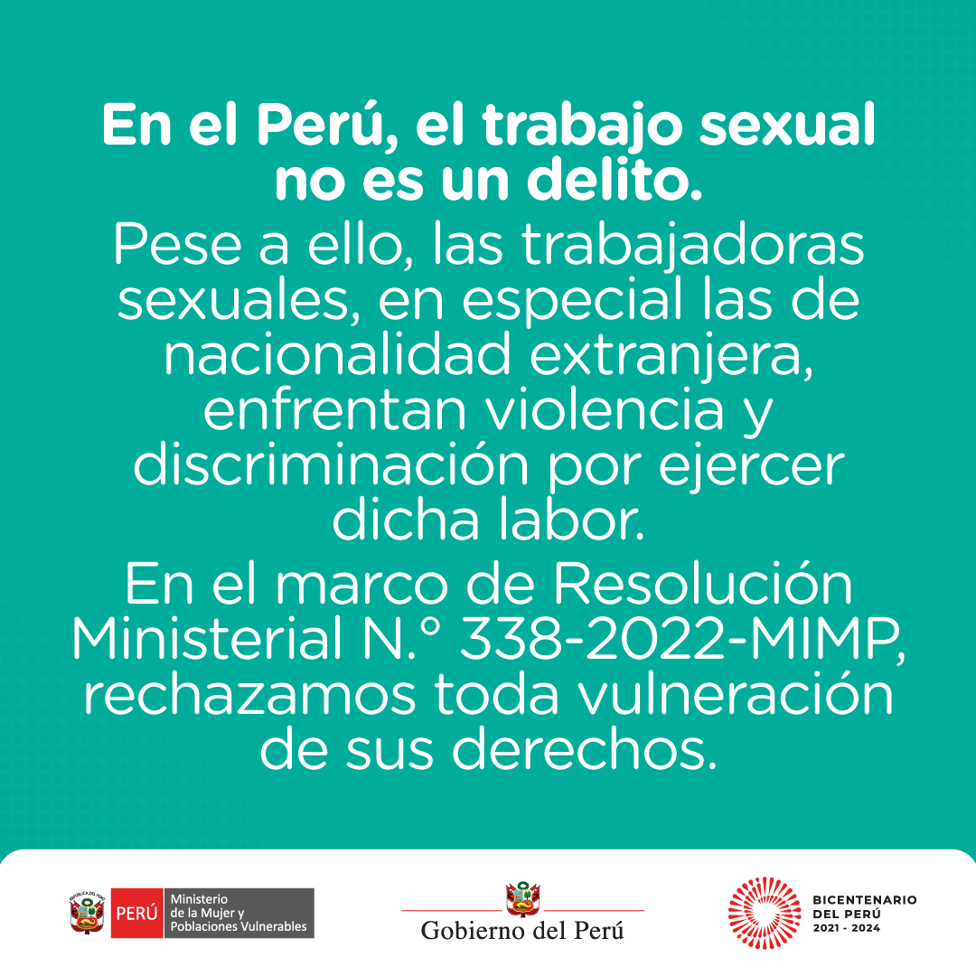 MimpPeru's tweet photo. Rechazamos toda vulneración de los derechos de las trabajadoras sexuales, en especial las de nacionalidad extranjera, quienes enfrentan violencia y discriminación por ejercer dicha labor. https://t.co/euRVsW0CQI