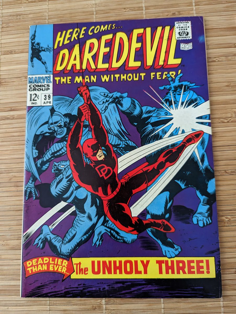 JIMMY'S RECENT PURCHASE:  #DAREDEVIL , Issue 39. Volume 1.  #StanLee, writer. #GeneColan, artist.  #KarenPage and #MattMurdock dancing. Her not knowing his secret.!!  Simple times. #BirdMan phases out #Debbie, #Foggy's lady.  Who are the #UnholyThree?