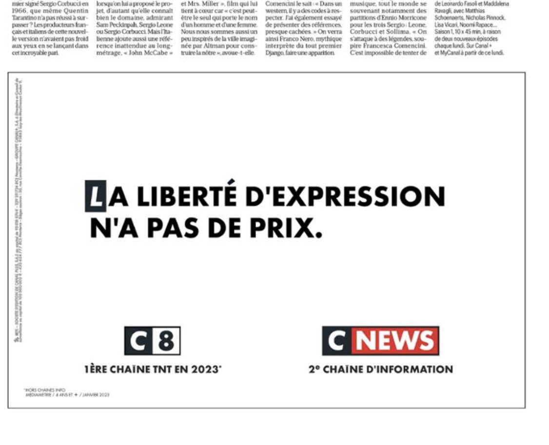VGrandclaude's tweet photo. 🗣Campagne @C8TV @CNEWS 
« La liberté d’expression n’a pas de prix. »

#C8 #CNEWS rassemblent chaque jour près de 11 millions de citoyens. 
#Libertedexpression 

📰⤵️@le_Parisien @leJDD @Le_Figaro https://t.co/nDIRbbudXX