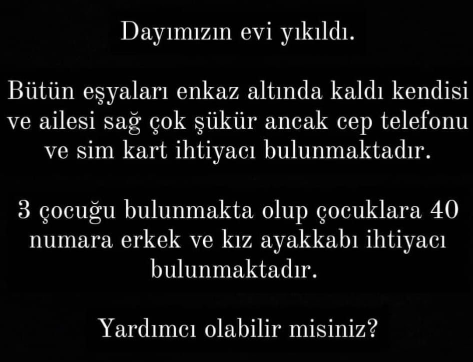 sarcasmuser's tweet photo. ‼️HAZAL’a HÂLÂ YARDIM GİTMEMİŞ‼️
Hazal sönmez ve depremzede yakınları İslahiye Çolaklar köyünde sokakta kalıyorlar. Yanlarında kalp hastası da var. Bu yüzden Norvasc 5mg ilaç, Yorgan, döşek, kömür, odun ihtiyaçları var.
Hazal Sönmez: 05527017784
İslahiye, Gaziantep/Çolaklar Köyü https://t.co/QGccKQzriz