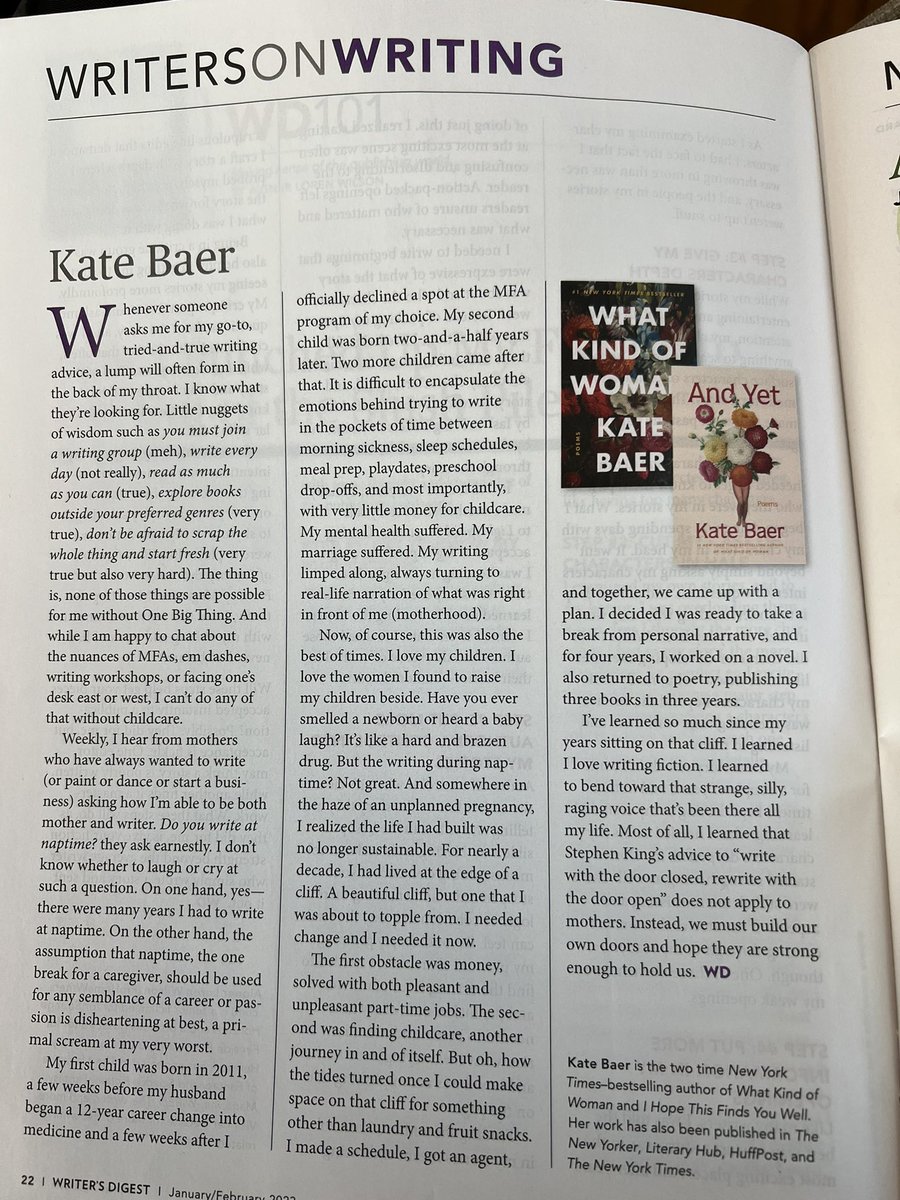 RobersonEmily's tweet photo. “Do you write at nap time?” Chills reading @KateJBaer in the @WritersDigest #magazinestack https://t.co/C5jUJnn7gs