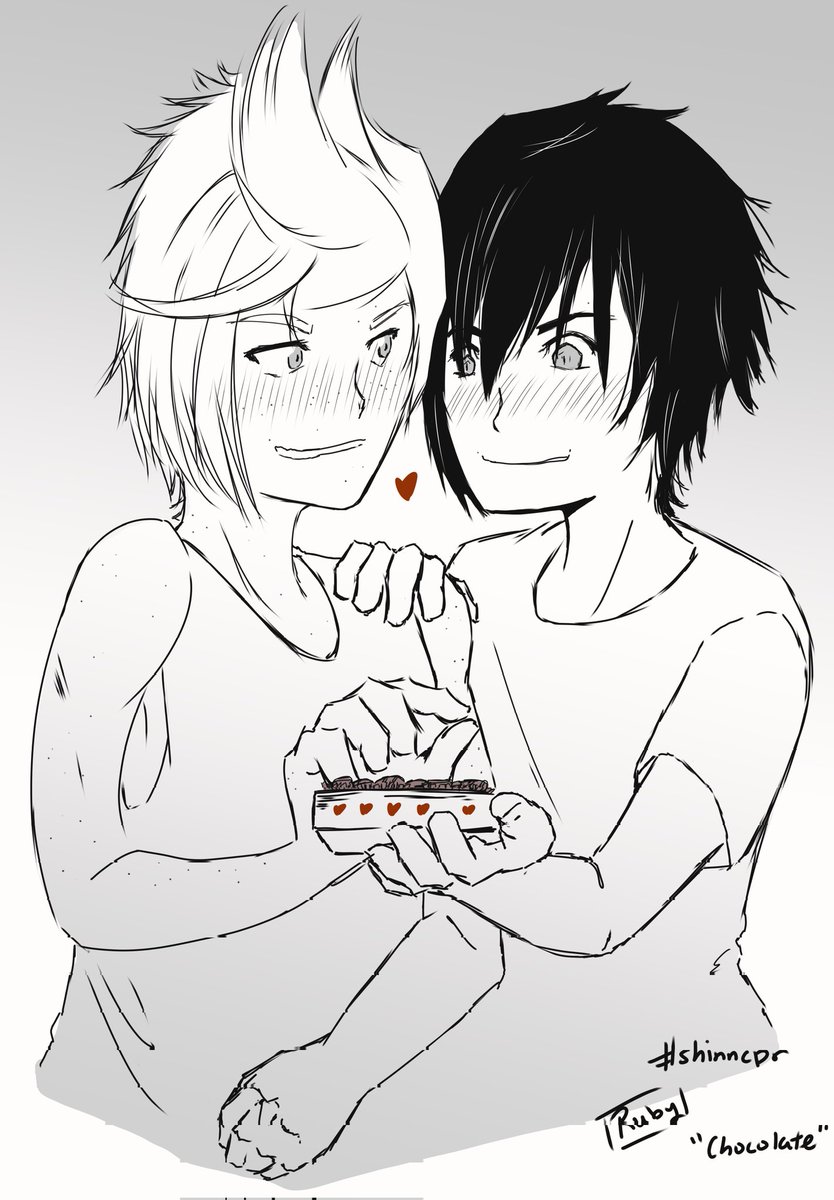 Theme: Chocolate
Both are trying to look so confident yet inside their hearts are a hot mess~

"Prom, you should have some chocolate. Wouldn't- uh- want it to go to waste, right? I can't eat all of it myself..."
"Er... right... course not."

#shinncpr
