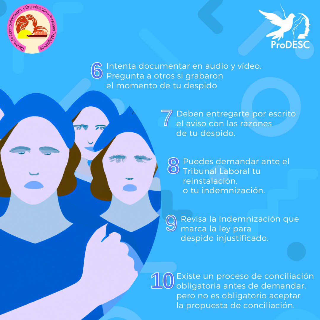 ProDESC's tweet photo. #ConoceTusDerechos
¿Te despidieron de tu trabajo?

El #CAOPT te recomienda seguir estos 🔟 pasos para asegurar que tus Derechos Humanos Laborales no sean vulnerados:

❌No firmes nada.

✔️Exige la entrega del aviso de rescisión.
🧵 https://t.co/8fTZyMFVM6