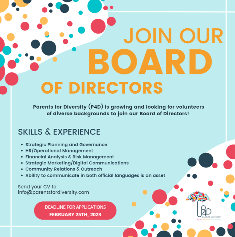 📢 Parents for Diversity (P4D) is growing and looking for volunteers of diverse backgrounds to join our Board of Directors! Send your CV to info@parentsfordiversity.com 
#ottawa #community #volunteer #education #callout #onted #bod #local #communityorg
