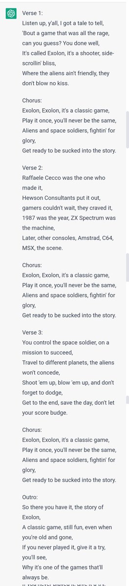 RaffCecco's tweet photo. ChatGPT rap about #Exolon https://t.co/wzZddHX4iQ