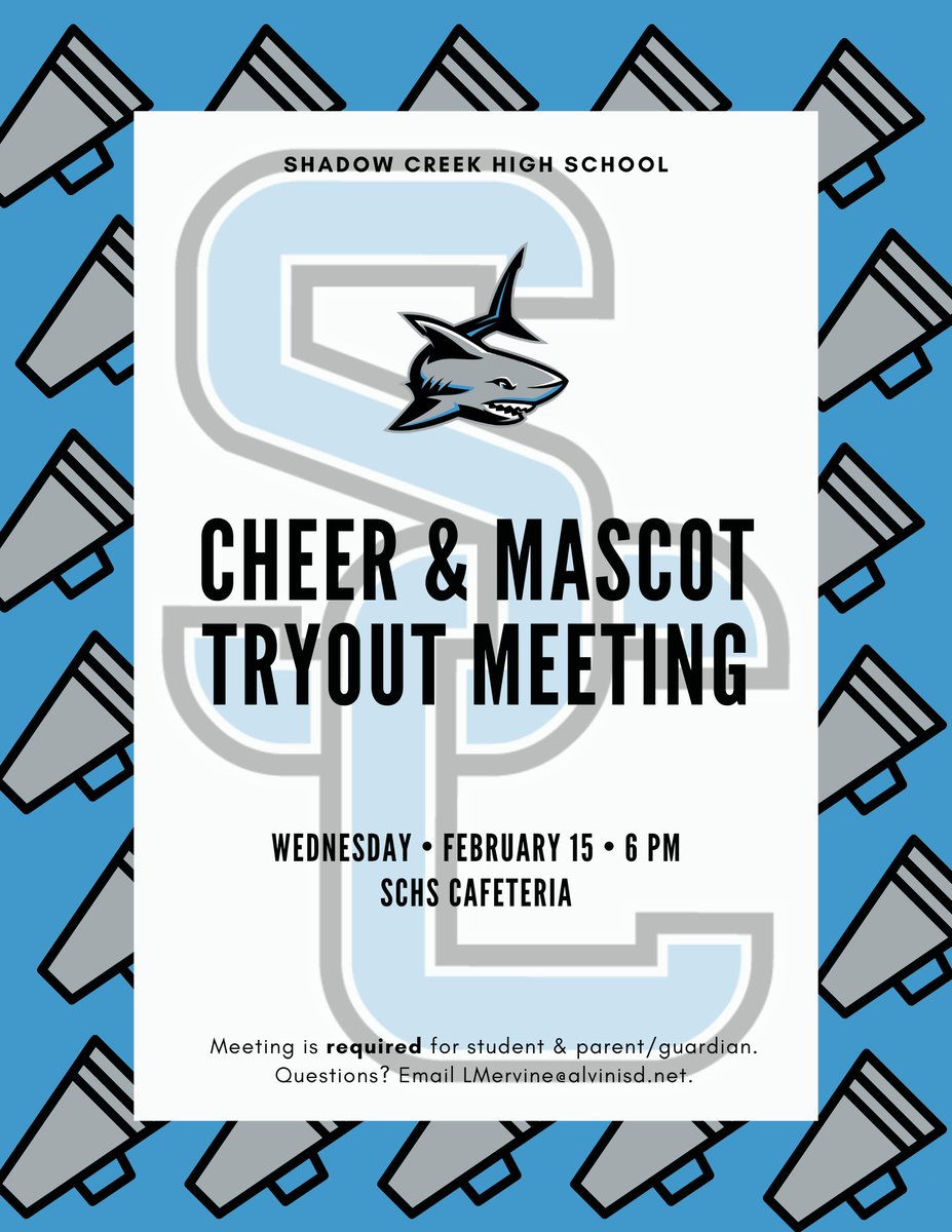 schssharkscheer's tweet photo. Want to join the Shadow Creek High School Cheerleading Program? Don't miss Wednesday's tryout meeting! 🦈 #finsupcreek https://t.co/yPgxmUIis3