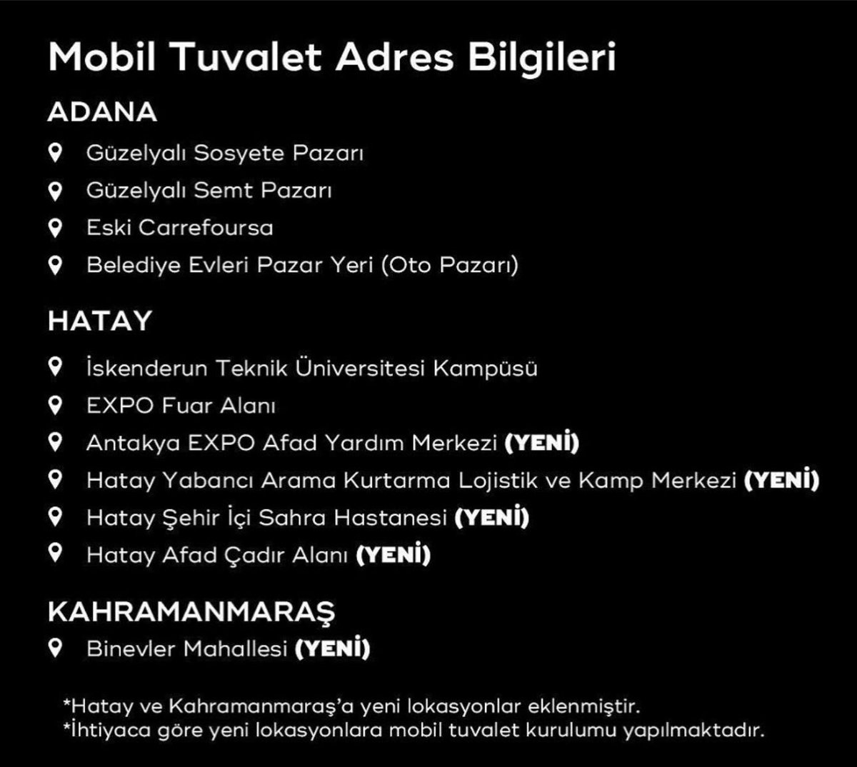 faruksabanci's tweet photo. Hatay &amp; Kahramanmaraş’a yeni lokasyonlar eklendi; https://t.co/P9wnUt4H1C