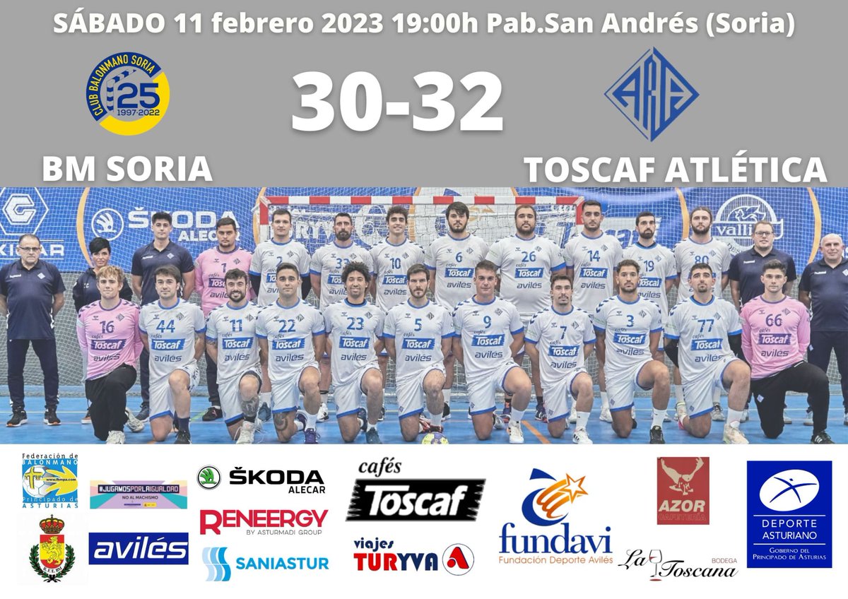 🔷 BALONMANO
Primera Nacional
Final
<a href="/BalonmanoSoria/">Balonmano Soria</a> - <a href="/Cafes_Toscaf/">Cafés Toscaf</a> 
30 - 32

Partidazo! Pero 🐢🐢🐢
No hay nada que celebrar, una victoria más y a seguir