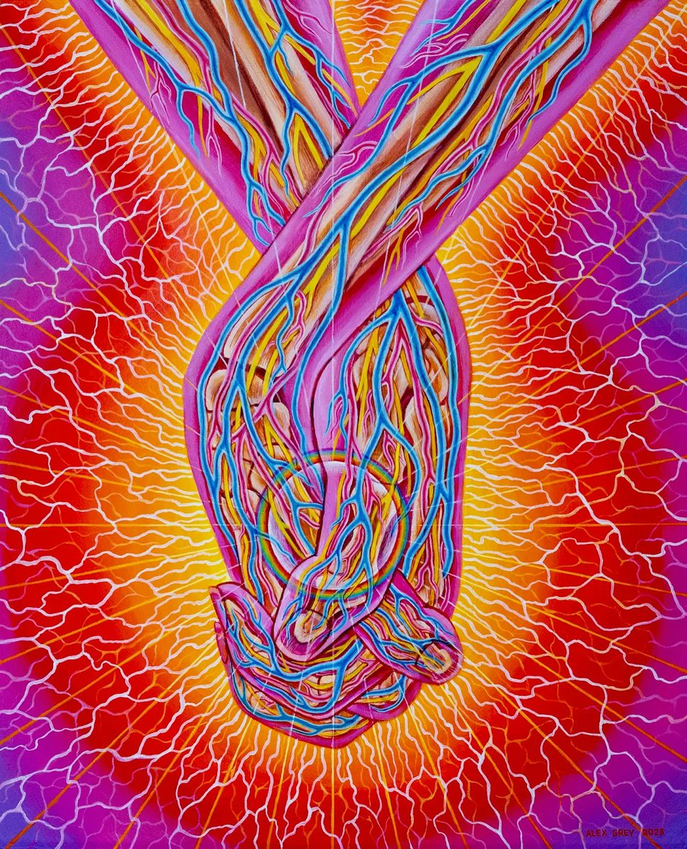 alexgreycosm's tweet photo. Spiritually and symbolically, the circle or sphere is the shape of the soul, the most basic geometry of unity and wholeness, of Oneness. Love allows us to transcend our separation and recognize oneness.

The Love Held Between Us, 2023, acrylic on wood https://t.co/Hzuk5ZGZ61