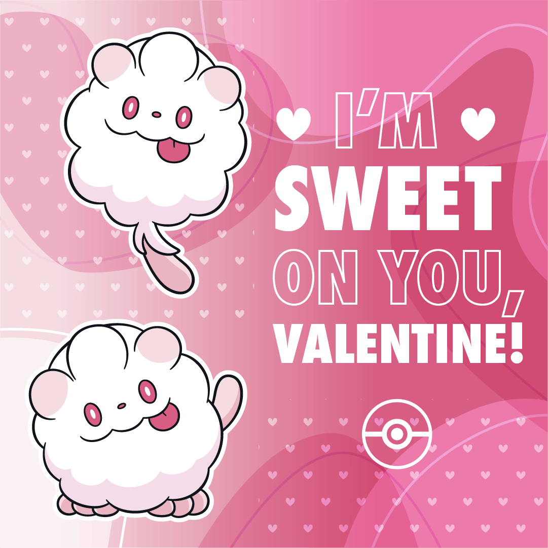 A virtual Valentine's Day card featuring two smiling Swirlix on a light and dark pink background dotted with hearts. It says "I'm sweet on you, Valentine!"