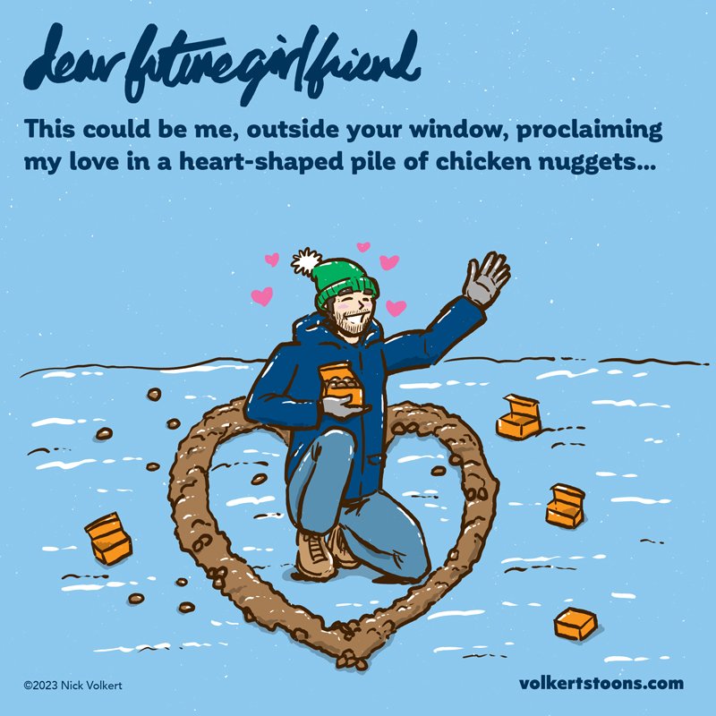 DearFutureGF's tweet photo. Chicken nuggets so toasty they melted away all the snow!

#comic #webcomic #illustration #relationships #futuregirlfriend #dearfuturegirlfriend #indiecomic #dating #datinglife #chickennuggets #heart #heartshape https://t.co/aqp42CtcrJ