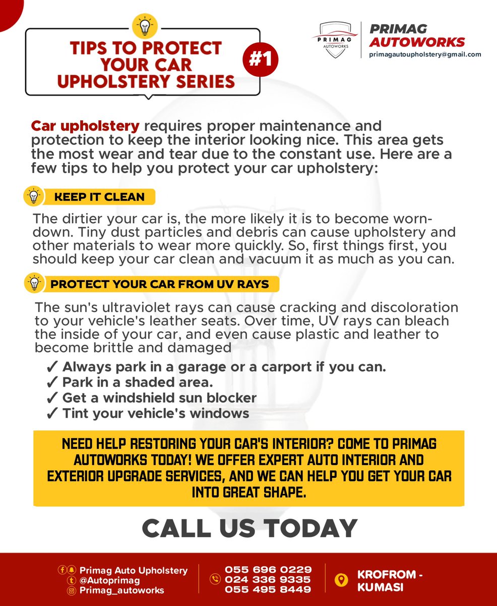 Bring new life to your car's interior! 🚗 Try these budget-friendly upholstery tips from PRIMAG AUTOWORKS 🇬🇭: 1️⃣ Vacuum and clean the seats2️⃣Protect the car from UV rays 💺 #DIY #CarUpholstery #PRIMAGAutoworks #AutoMaintenance". #upholstery, #seat, #primagautoworks