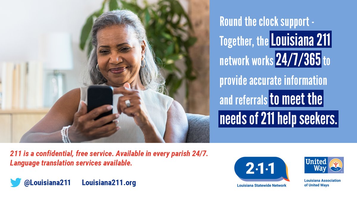 unitedwaynwla's tweet image. DYK: Our @Louisiana211 Statewide Network is available at any moment to connect help seekers to available resources in their local community. If you or someone you know needs help, connect to @Louisiana211 today:

☎ dial 211 or
📱 text your Zip Code to 898-211
#Team211