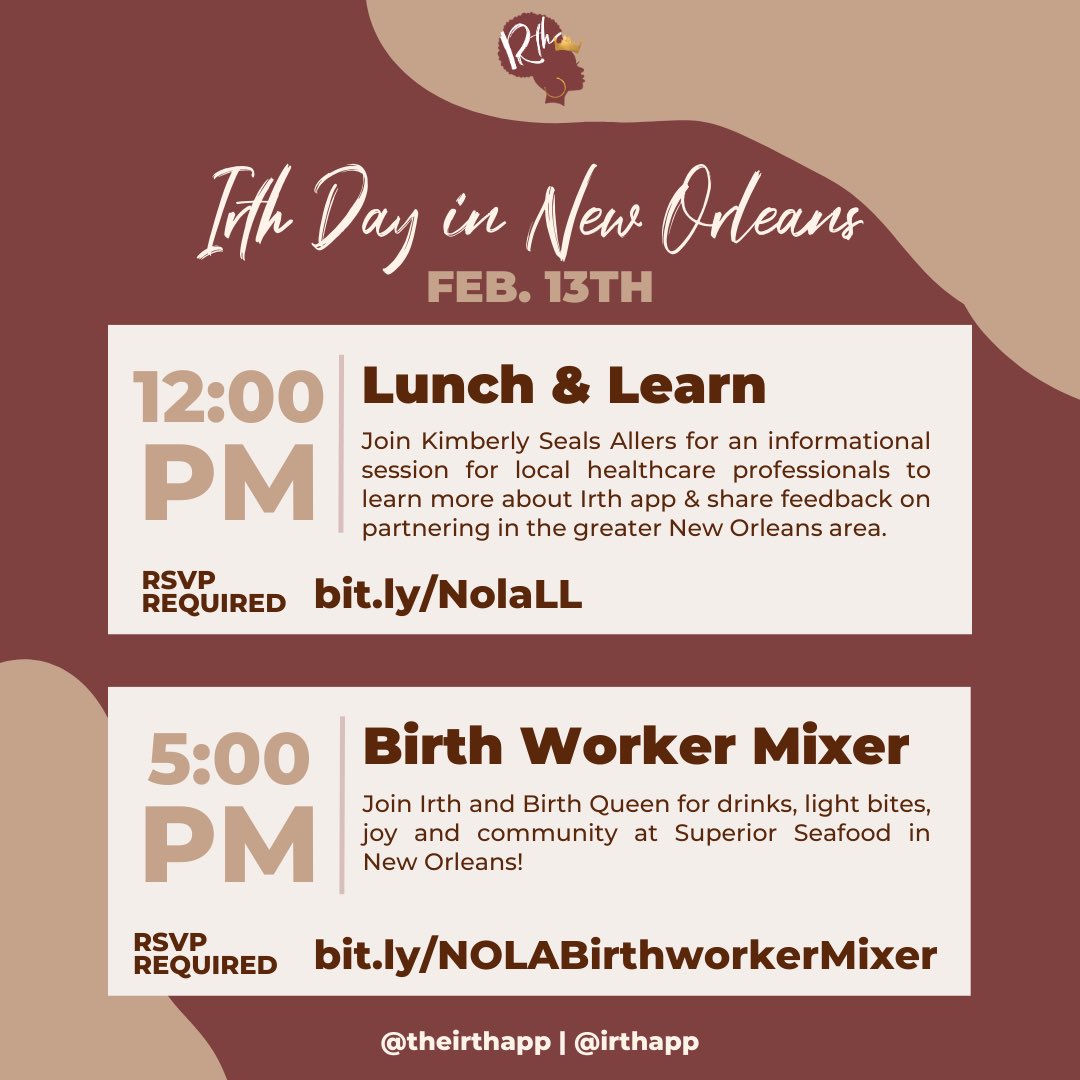 IrthApp's tweet photo. Hey NOLA birth workers and health care professionals 👋🏾 ⚜️ Join us for Irth day in New Orleans on February 13th 🗓🙌🏾❤️‍🔥

Lunch &amp; Learn at 12PM 
RSVP | https://t.co/bR27aQr3Bv

Birth Worker Mixer at 5PM
RSVP | https://t.co/ks8vu6Ri8p

#NewOrleansBirthWorker #NOLA #IrthDay #Irthapp https://t.co/3tztp1szma