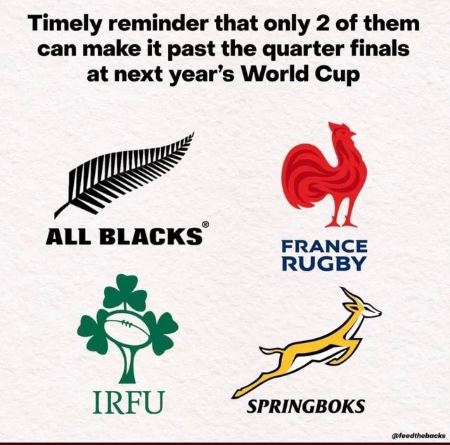 Watching #IREvFRA today mesmerised by the quality but also thinking about this image....

Looks like it was originally from @feedthebacks and is a timely reminder!

There are some serious #RWC2023 tears on the way!

#rugby #allblacks #Springboks #France #irishrugby