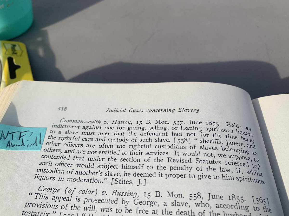 CHSbryant's tweet photo. Anyone have any idea why an 1855 judicial opinion out of Kentucky would suggest that “sheriffs, jailers, and other officers” might “deem it proper to give [a slave in their possession] spirituous liquors in moderation”? Was it historically common? #lawproftwitter #historytwitter https://t.co/LpMEIEjNOQ