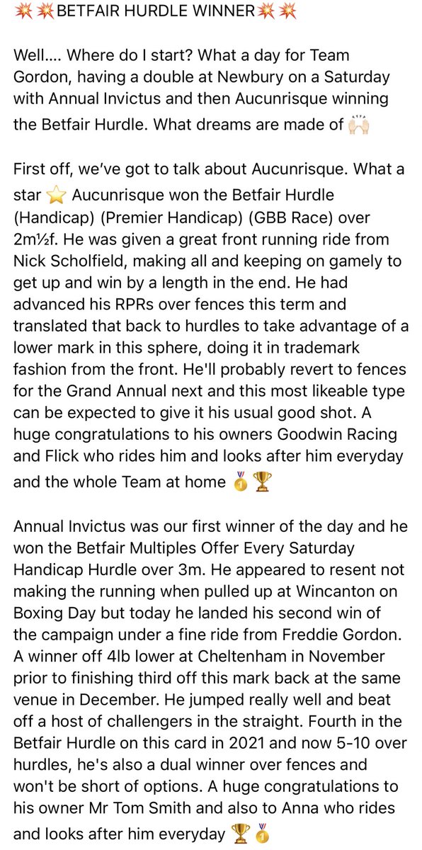 Chrisgordonrac1's tweet photo. 💥💥@Betfair Hurdle Winner💥💥
What a day for Team Gordon, a double with Annual Invictus & Aucunrisque🥇Congratulations to both owners and also a huge well done to all the Team 💪🏼🐎 @chrisgordon68 @NickScholfield1 @Goodwin_Racing @freddie68528641 #37winners https://t.co/OUmCNnOlWQ