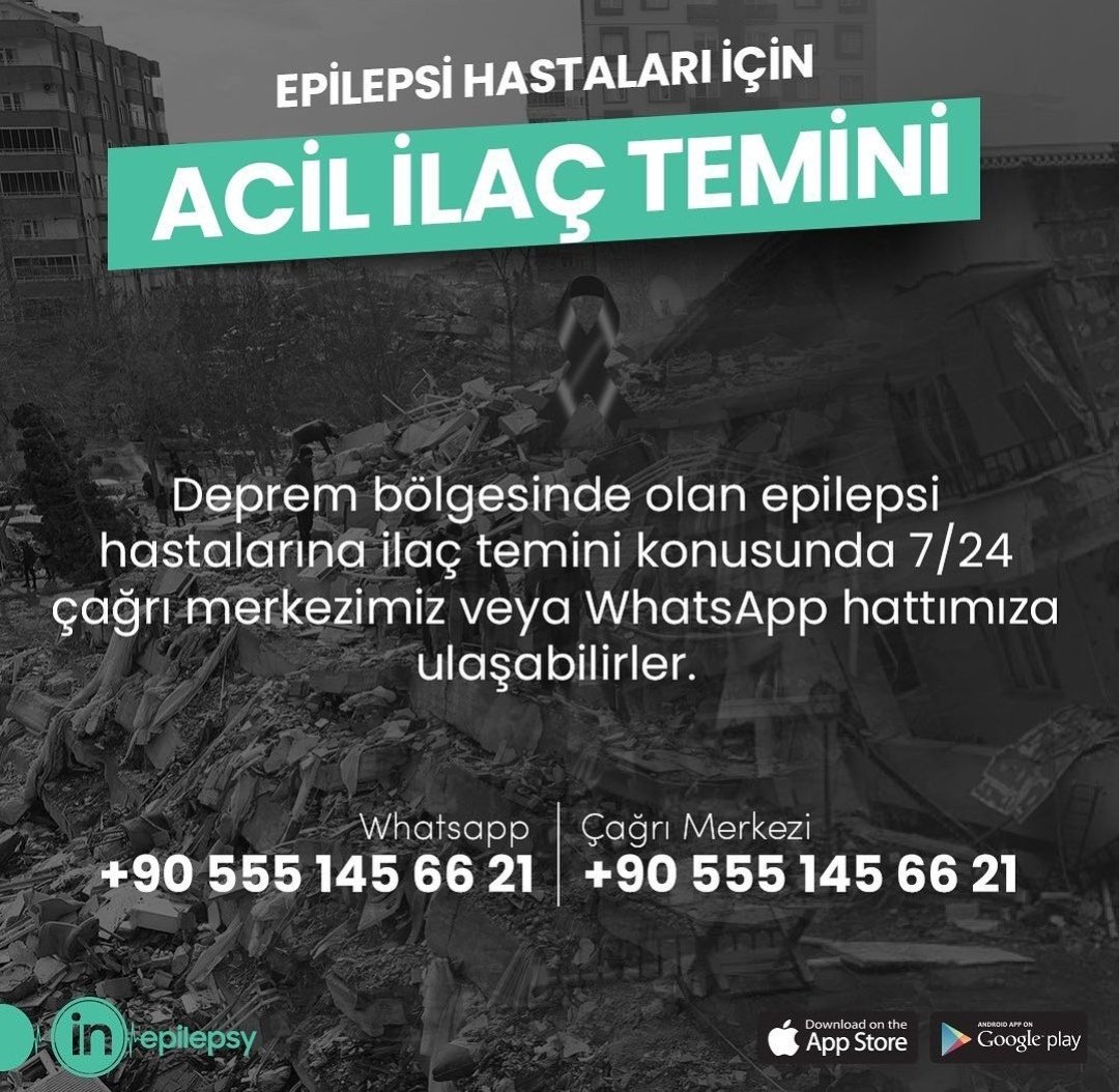 wannartcom's tweet photo. DEPREM BÖLGESİ

❗️EPİLEPSİ İÇİN ACİL İLAÇ TEMİNİ❗️

Deprem bölgesindeki epilepsi hastaları için acil ilaç hattı kurulduğu duyuruldu.

Whatsapp: +905551456621
Çağrı Merkezi: +905551456621 https://t.co/h1YE7WWP3y