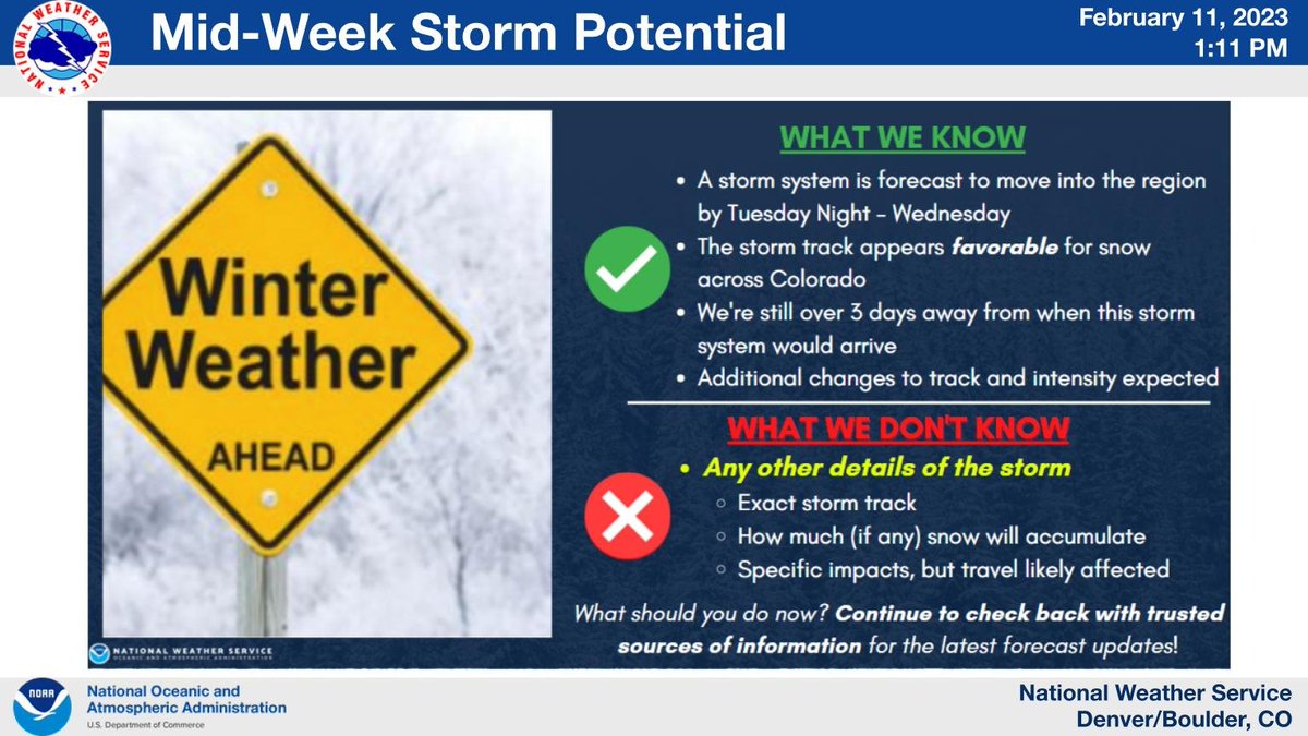 While snow is a good bet toward Tuesday night and Wednesday, there is still a fair amount of uncertainty with regard to potential snowfall amounts and impacts. Stay tuned for the latest updates and more details as we get closer. #COwx