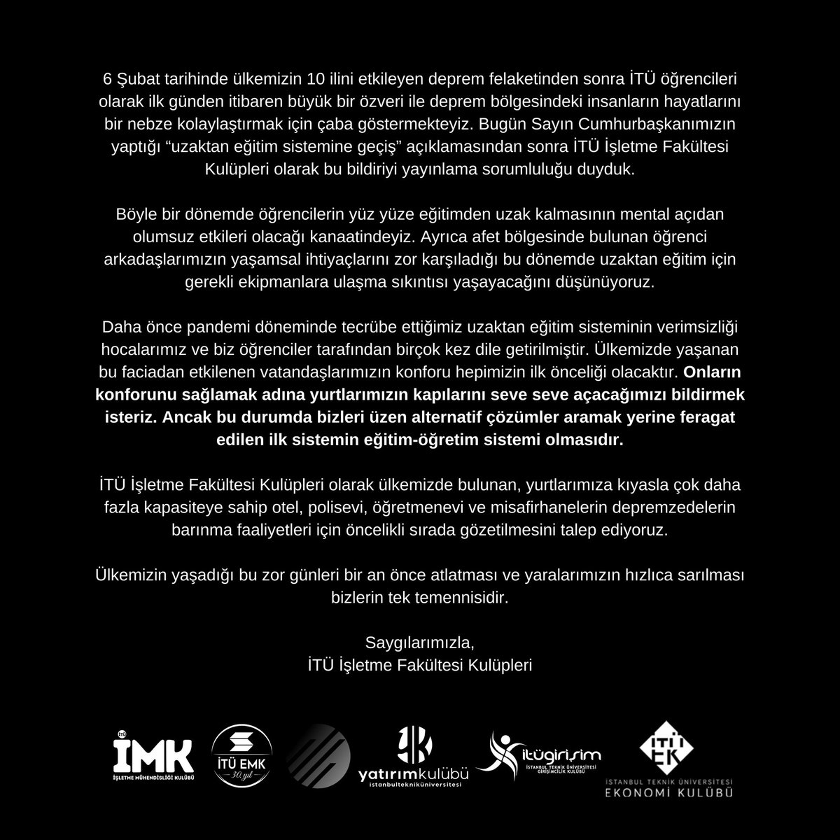 İTÜ İşletme Fakültesi Kulüpleri olarak ortak bildirimizdir. 

#yurtlar #deprem #üniversite #uzaktan 
<a href="/itu1773/">İTÜ - İstanbul Teknik Üniversitesi</a> <a href="/ProfDrKoyuncu/">Prof. Dr. İsmail Koyuncu</a>