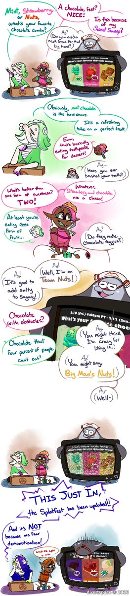 divertspace's tweet photo. Anyone else wonder why the Dark vs Milk vs White Chocolate #Splatfest theme is kinda odd? Like, it's overwhelmingly Milk Chocolate, right? Maybe this is exactly why #Splatoon3 announcements aren't seen live- they're on a ten-second delay. https://t.co/E003XDiyes