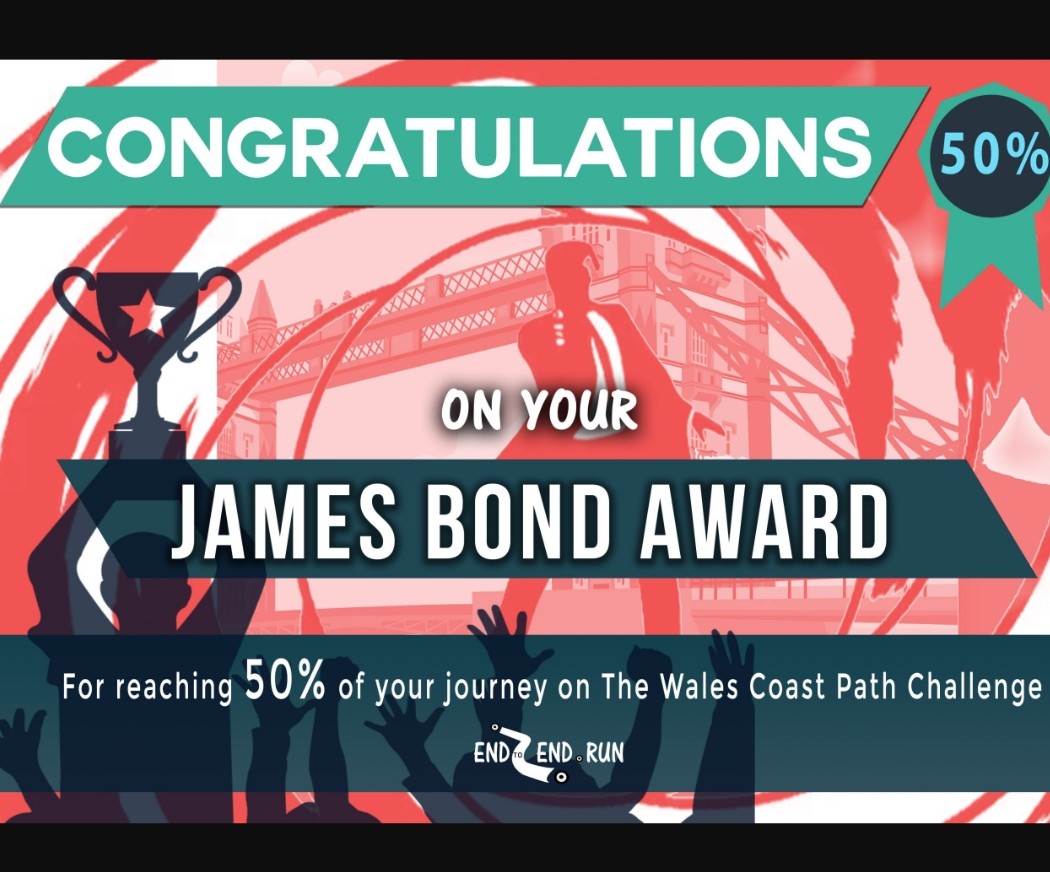Thank you to <a href="/runendtoend/">End To End</a> and <a href="/WalesCoastPath/">Llwybr Arfordir Cymru / Wales Coast Path</a> for the encouragement to complete the Wales Coast Path Challenge! The James Bond award! 🏴󠁧󠁢󠁷󠁬󠁳󠁿🏝️😎