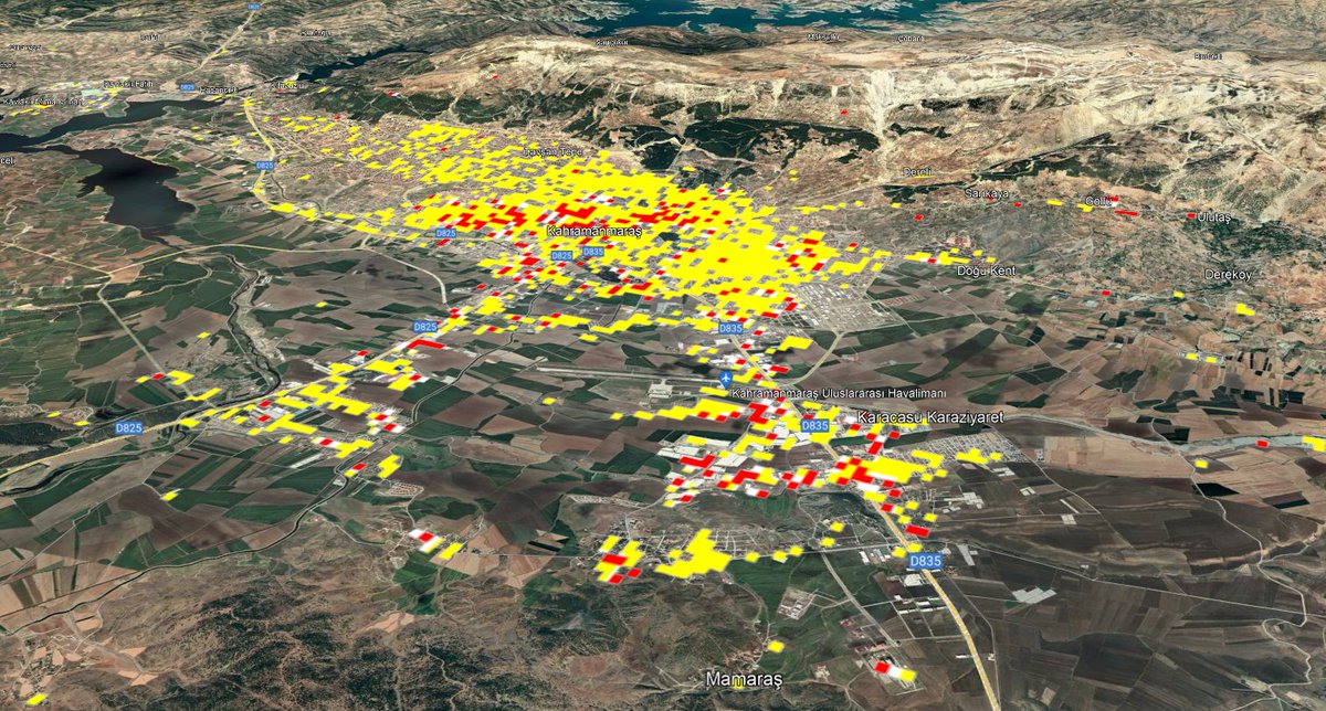 Değerli arkadaşım Dr. S. Karimzade (Tebriz Üniversitesi) tarafından yapılan bir hasar analizi.
Kahramanmaraş
kırmızı: ağır, sarı: orta; beyaz: hafif hasar