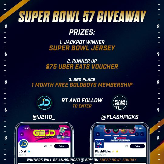 JDGoldboys's tweet photo. Super Bowl Giveaway 🚨🚨🚨

I’ve teamed up with FlashPicks to share some big prizes for #SBLVII including a jersey, Uber Eats voucher &amp; a GoldBoys membership!

To enter:
- Retweet
- Follow @J2110_ &amp; @FlashPicks

Winners announced 5pm on Sunday! https://t.co/klaKKO3iw2
