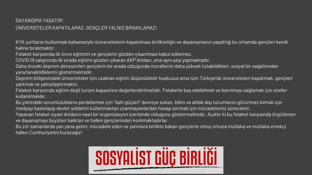 Üniversiteler kapatılamaz, gençler yalnız bırakılamaz!

Sosyalist Güç Birliği olarak yaptığımız açıklamamız 👇