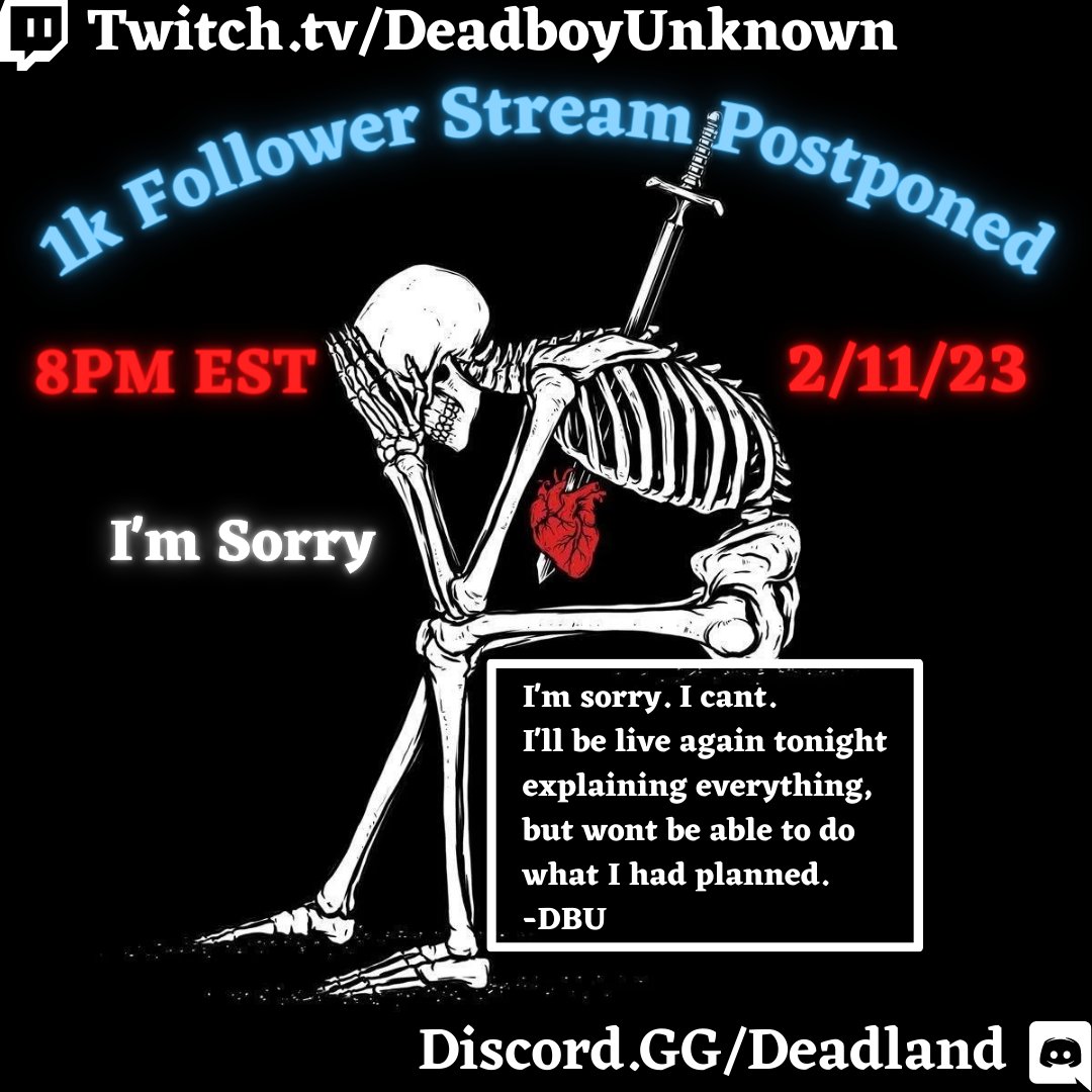 DeadboyUnknown's tweet image. Hey yall! I was looking over what I needed to make the 1k follower stream work and honestly don't have the resources to do what I intended for y'all. I'll go over more tonight. Hopefully I'll be able to make it up to all of you soon #Smallstreamerproblems #twitch #deadfam