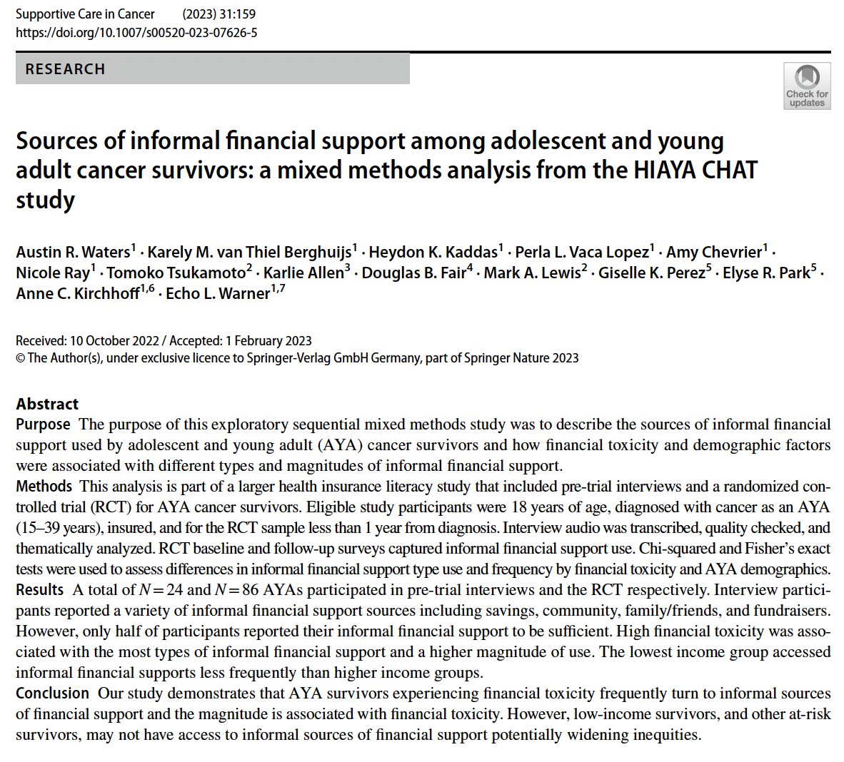 Austin R. Waters, PhD, MSPH (@austinh2o_) on Twitter photo 🚨New publication🚨
We found that low-income and other at-risk #AYA survivors, may not have access to informal sources of financial support, potentially widening inequities, in the face of financial toxicity.
<a href="/annersck/">Anne Kirchhoff</a> <a href="/WarnerEcho/">Echo Warner, PhD, MPH</a> <a href="/hkkaddas/">Heydon Kaddas, MPH CPH</a> <a href="/HIAYAcancer/">HIAYA Cancer Care Program</a> <a href="/huntsmancancer/">Huntsman Cancer Institute</a> 🚨New publication🚨
We found that low-income and other at-risk #AYA survivors, may not have access to informal sources of financial support, potentially widening inequities, in the face of financial toxicity.
<a href="/annersck/">Anne Kirchhoff</a> <a href="/WarnerEcho/">Echo Warner, PhD, MPH</a> <a href="/hkkaddas/">Heydon Kaddas, MPH CPH</a> <a href="/HIAYAcancer/">HIAYA Cancer Care Program</a> <a href="/huntsmancancer/">Huntsman Cancer Institute</a>