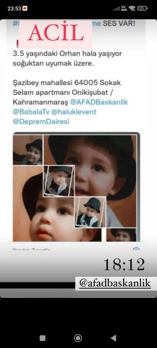 Geceevesiyahh's tweet photo. @muhendisyenn Lütfen yardımcı olun 🙏🏻 
#AFAD #AHBAP #babalatv #HalukLevent #Kahramanmaras https://t.co/dgwPQSOii3