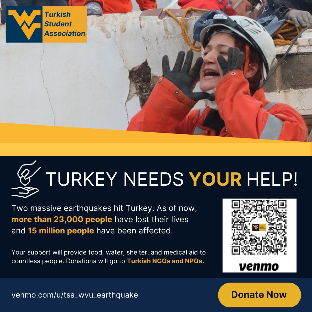 TSA_WVU's tweet photo. It is never too late to take action!

Turkey not only needs immediate assistance but will require continued help in the coming months from medical needs to rebuilding homes and infrastructure.

Venmo: https://t.co/SVqlX0fmlz
Also: @ahbap
#DonateToTurkey #EarthquakeTurkey https://t.co/uDXKi6lAlW