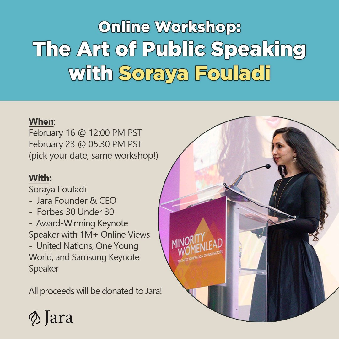 We're excited to announce our upcoming Jara Fundraiser, a public speaking workshop with our Founder &amp; CEO, Soraya Fouladi. Become confident and effective communicators, captivate any audience, and get hands on learning experience!

Online workshop sign up: zeffy.com/en-US/ticketin…