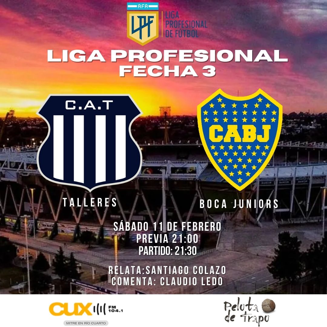 HOY:<a href="/CATalleresdecba/">Club Atlético Talleres</a> vs <a href="/BocaJrsOficial/">Boca Juniors</a> 
🏟 M. A. Kempes
🎙Relata <a href="/santicolazovdr/">Santi</a> 
🎙Comenta Claudio Ledo
⏰ Previa 21:00
⏰ Partido 21:30
📻 Escuchalo por cuxproducciones.com.ar