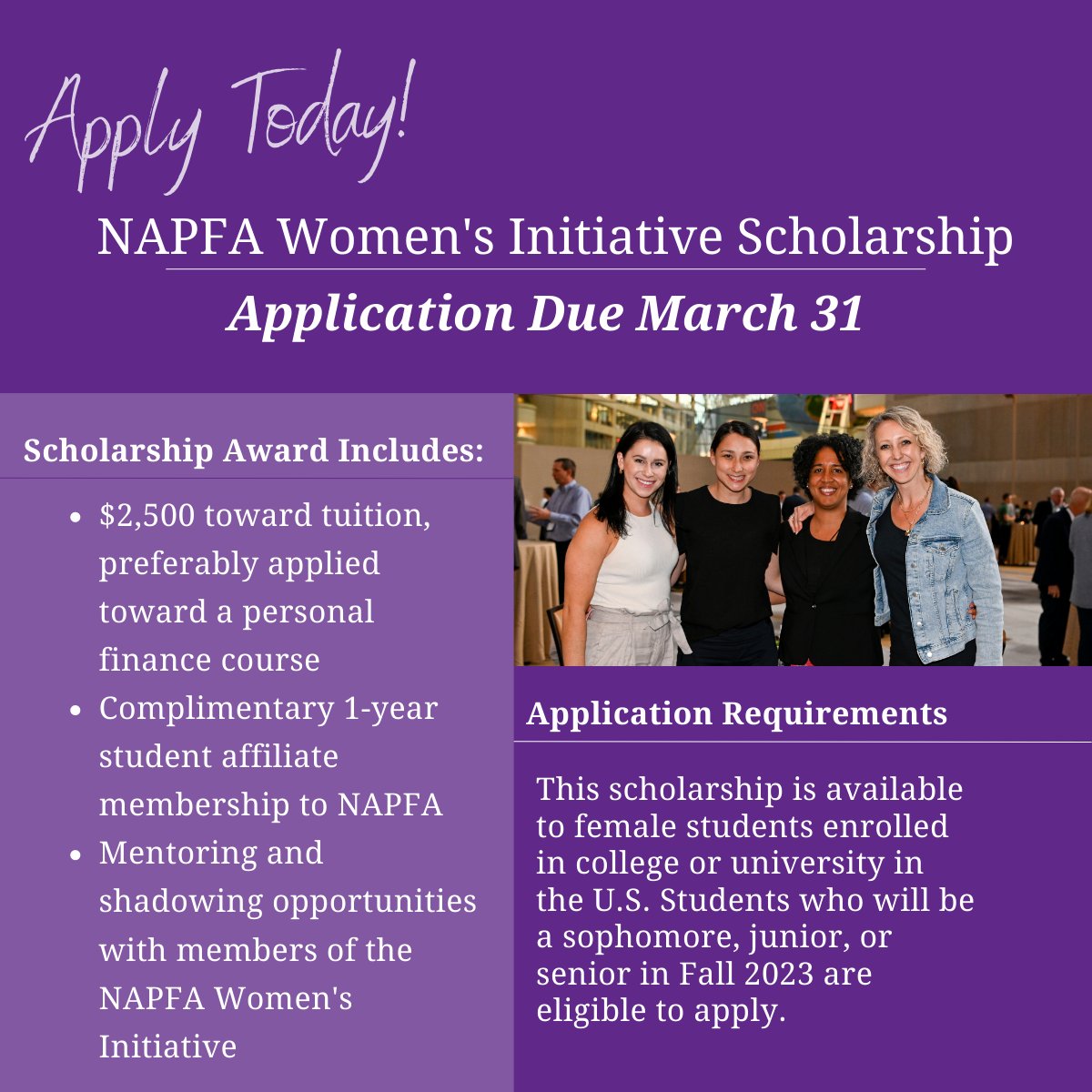 NAPFA's tweet photo. NAPFA's Women's Initiative is excited to announce two academic scholarships of $2,500 each for female students interested in a career in financial planning. To learn more or apply, please visit: https://t.co/ICvdiKQWfx https://t.co/AwTN5OYe46