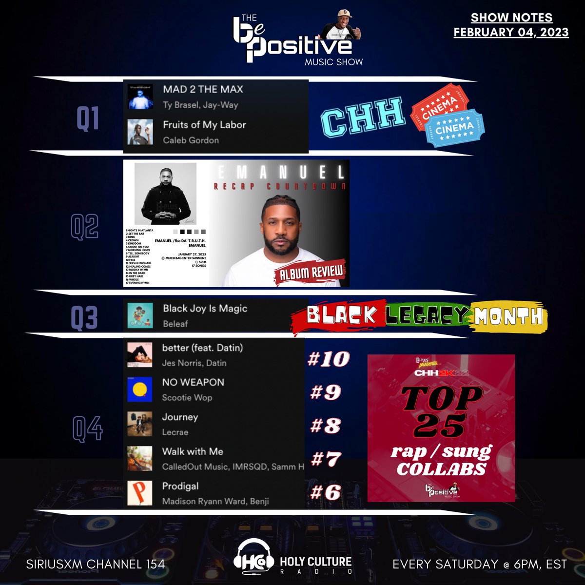 dj_b_plus's tweet photo. 'Be Positive Music Show' | TODAY @ 6pm EST/5pm CST @SIRIUSXM Channel 154 & @HolyCulture Radio
#BePositive
#BPMS
#HCR154
(02-04-23) LAST WEEK'S #SHOWnotesBPMS
You can CATCH this show at 6pm, EST on the website https://t.co/esmT2dfl3K https://t.co/z4bhFzYTp5