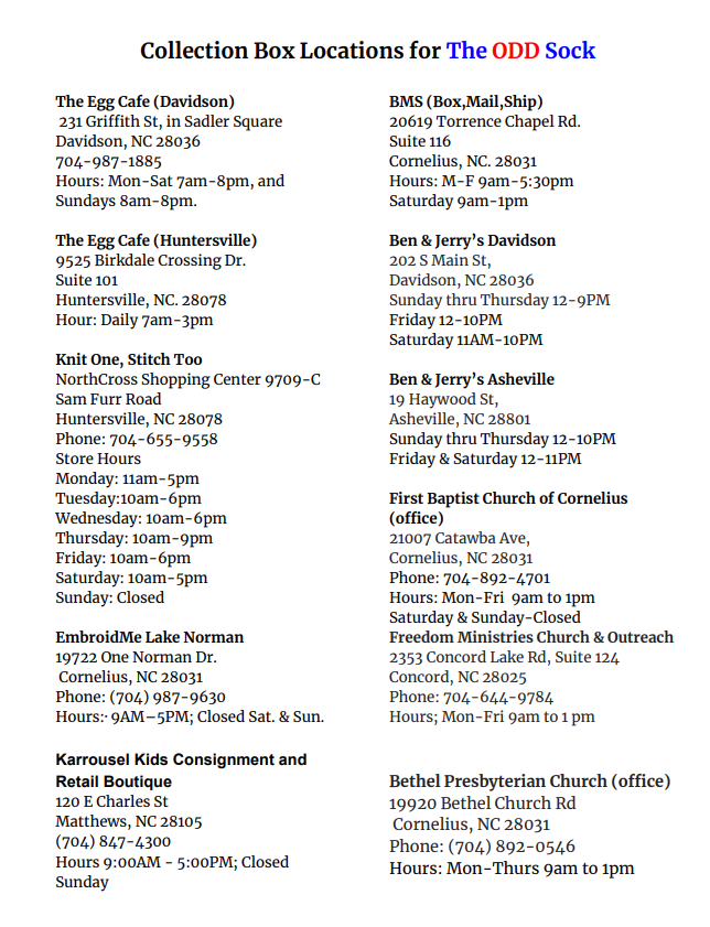 TheODDSock1's tweet photo. Interested in donating socks to The ODD Sock Inc.? Here are some of our locations where you can donate! 
#socks4soles #donate #theoddsock #thankyou #nonprofitorganization https://t.co/XTkGObXPK2
