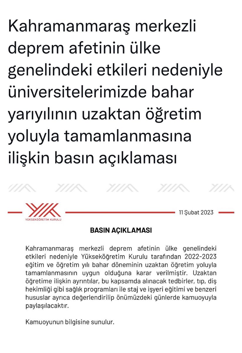 Türkiye'deki tüm öğrenciler uzaktan öğretime mecbur kılınmış.
Öğrencilerimizi böylesine bir ortamda;bilgisayar başına rapt etmek, üniversiteyle bağını zayıflatmak,depremin olumsuz etkilerini daha da arttırır.
Makul ve bilimsel bir gerekçesi olmayan bu karardan dönülmesi gerekir..