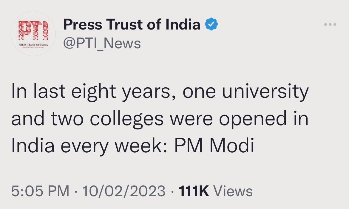 rakeshfilm's tweet photo. Basic math:
52 weeks x 8 years = 416 new Universities.
52 x 8 x 2 = 832 new Colleges. 
Where??
Will Govt/ BJP IT cell share a list of these 1248 ‘new’ institutions?

Or is this yet another chapter of #FekuKaka ki Amar Kahaniyan?
👇🏼 https://t.co/s92iXfiZuo
