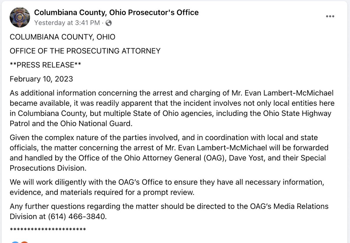 They didn't drop the charges against <a href="/EvanLambertTV/">Evan Lambert</a>, btw. The Ohio AG has to deal with his case.

"The incident involves not only local entities here in Columbiana County, but multiple State of Ohio agencies, including the Ohio State Highway Patrol and the Ohio National Guard."